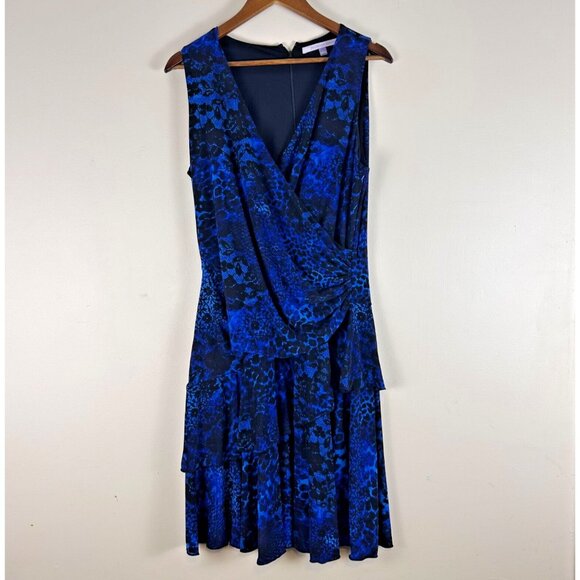 Luxe by Carmen Marc Valvo Dress Women 16 Blue Black Animal Print Tiered Cocktail - Picture 1 of 11